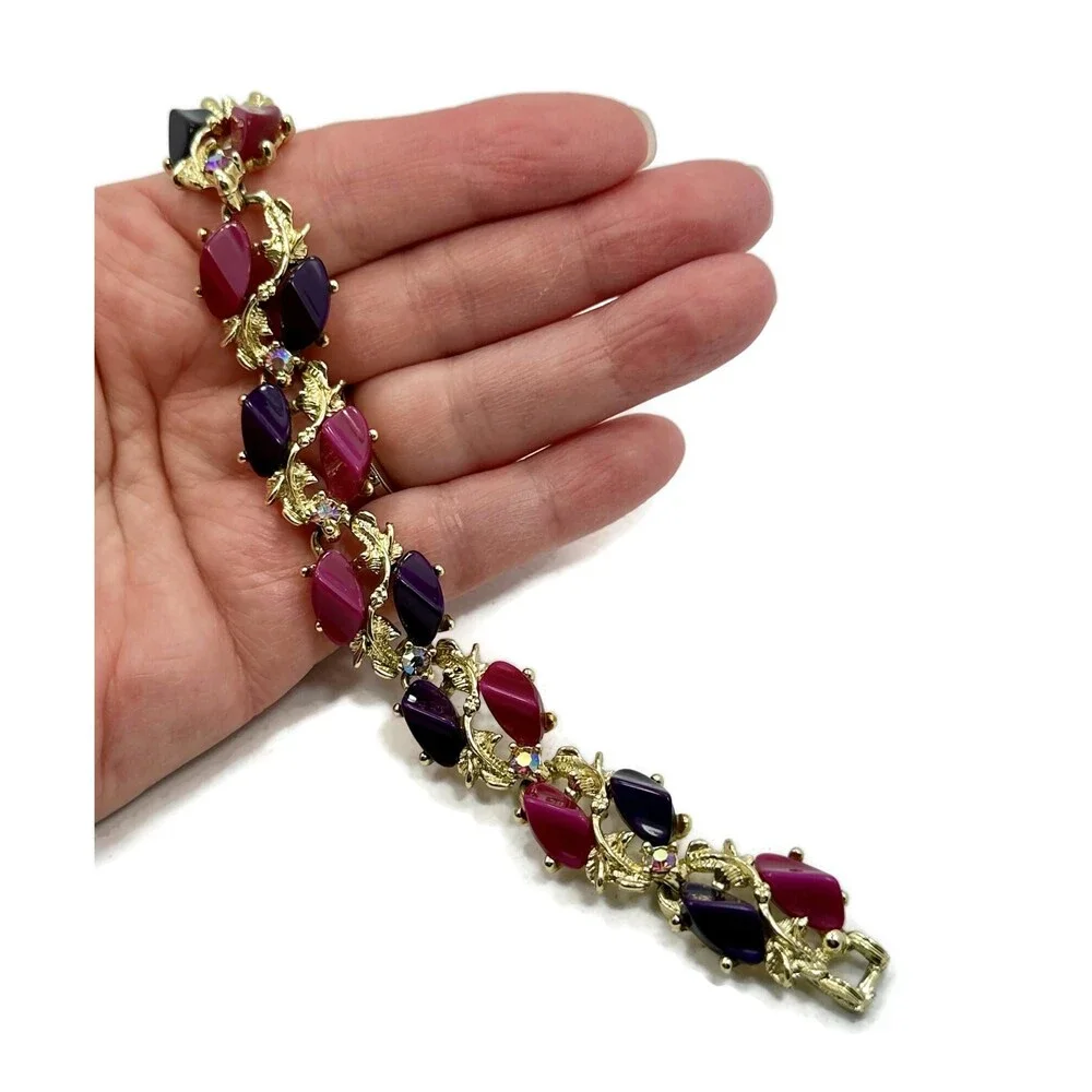 Vintage Thermoset Lucite Bracelet: Pink, Purple, AB Rhinestones, Gold Tone